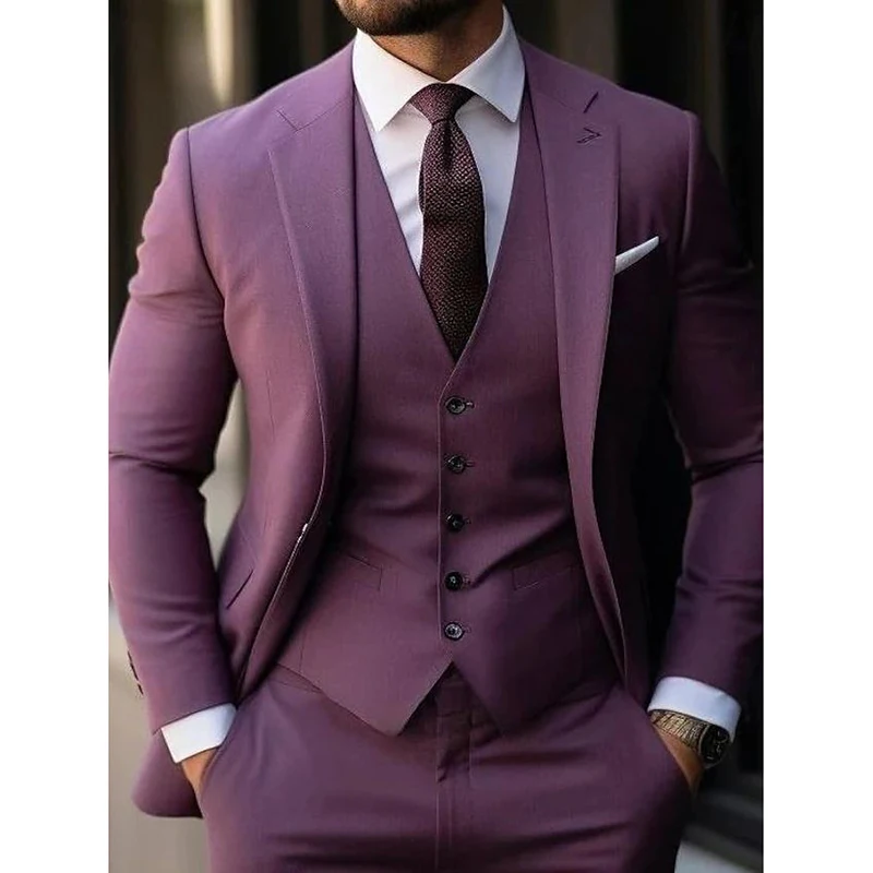 

Luxury 3 Piece Jacket Pants Vest Blazer Purple Single Breasted Peak Lapel Slim Fit Male Clothing Skinny Business Men's Suits Set