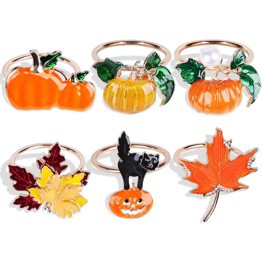 

LBTING кольца для салфеток с тыквой и кленовыми листьями, 6 шт., металлические держатели для салфеток на осень, День Благодарения, кольца для осеннего праздника, Хэллоуина