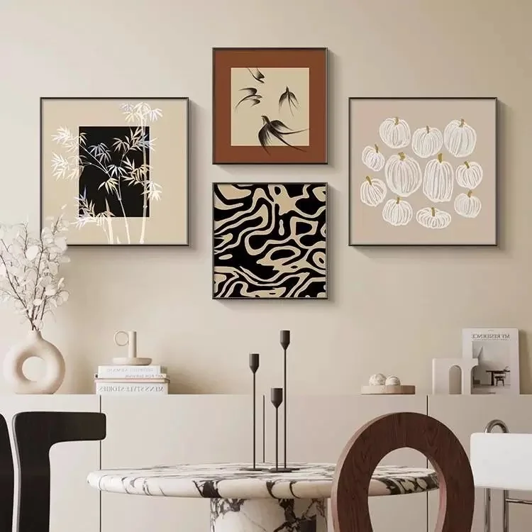 

French Vintage Bamboo Canvas Poster Black White Oriental Art Modern Swallow Retro Abstract Painting Dining Room SWall Decor