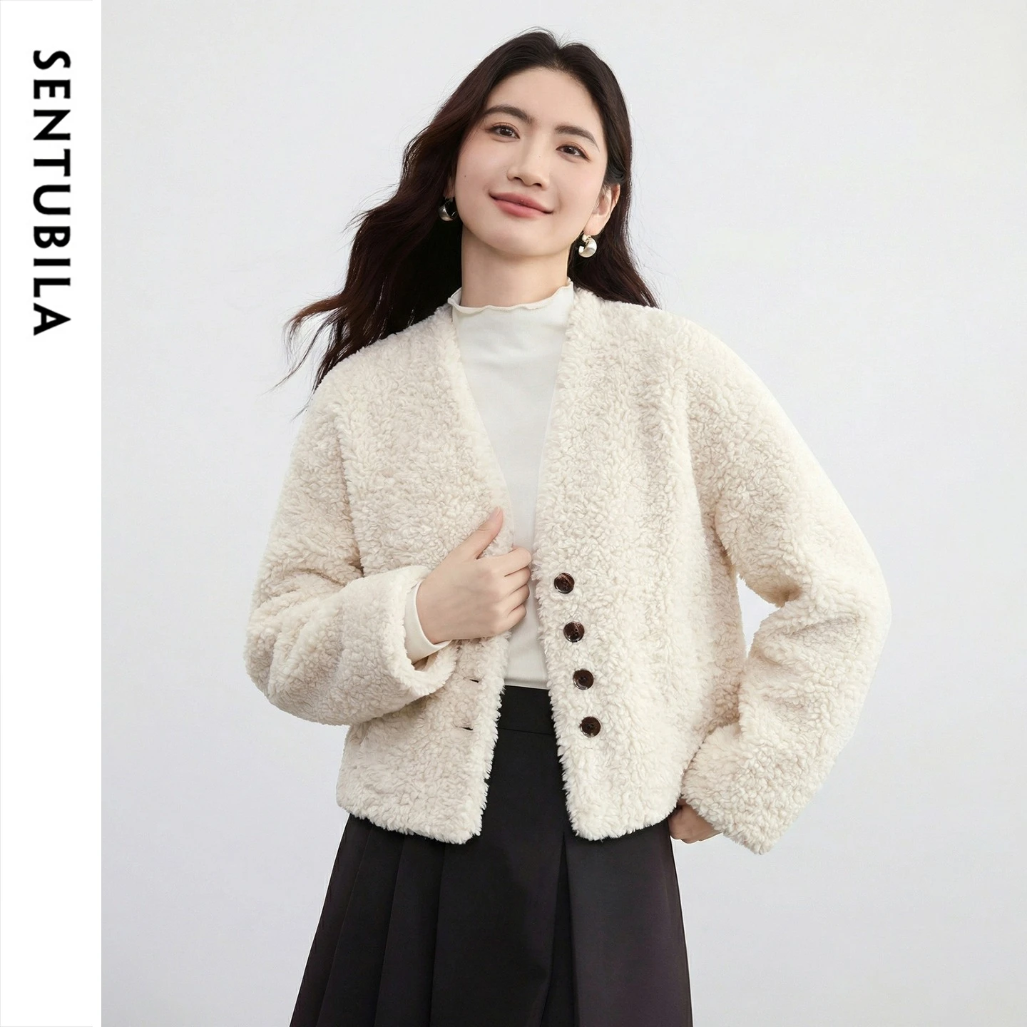 SENTUBILA Faux Fur Jacket for Women 2026 Winter Coffee V Neck Thick Warm Coat Commute Lamb Fleece Cropped Coat Female W64PD6370
