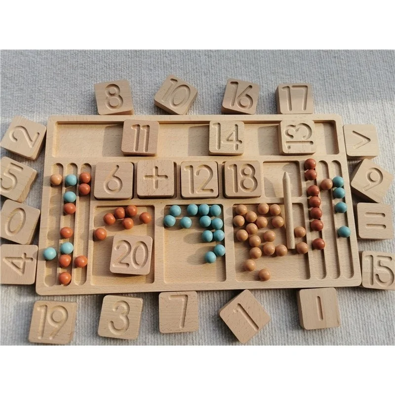 Children Wooden Montessori Toy  Educational Math Learning Tray Digital Addition Subtraction Blocks With Wood Beads