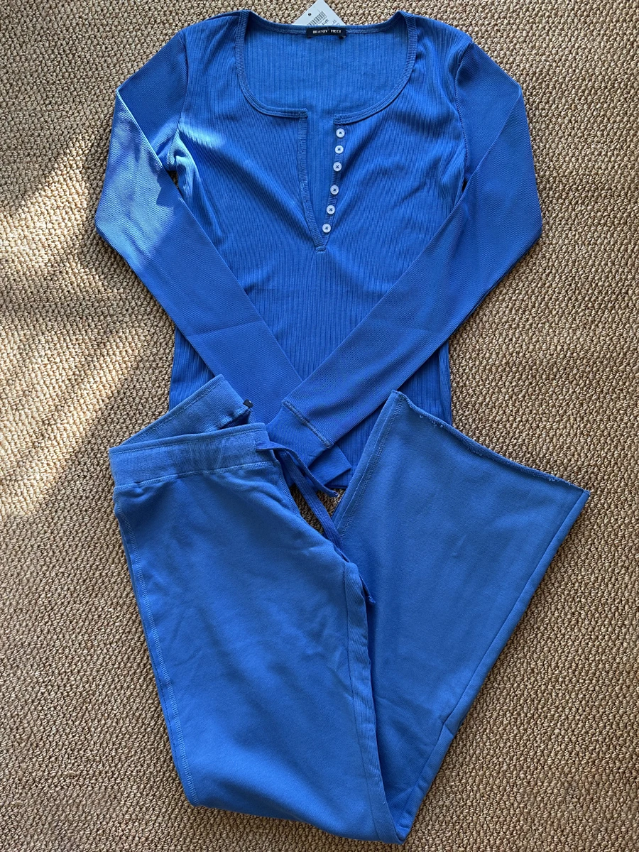 

Royal Blue Cotton T-shirt Pant Set Women Buttons Slim Long Sleeve Tees+drawstring Straight Trousers Solid Home 2 Piece Sets Y2k