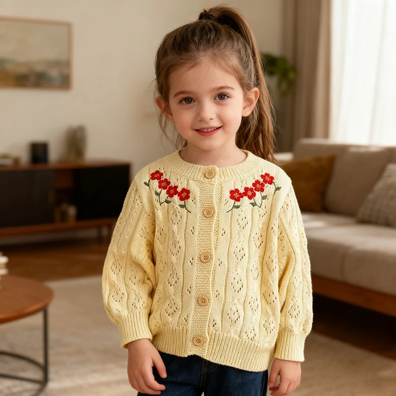جديد الخريف متماسكة سترة سترة طفل الفتيات طويلة الأكمام الحلو التطريز زهرة متماسكة البلوزات الأطفال بالأزرار سترة معطف #1