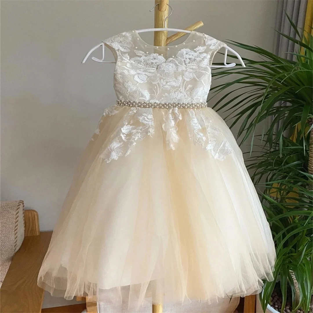 Vestido de niña de flores personalizado, boda, fiesta de cumpleaños, tul champán claro, apliques florales blancos para graduación, vestido de comunión