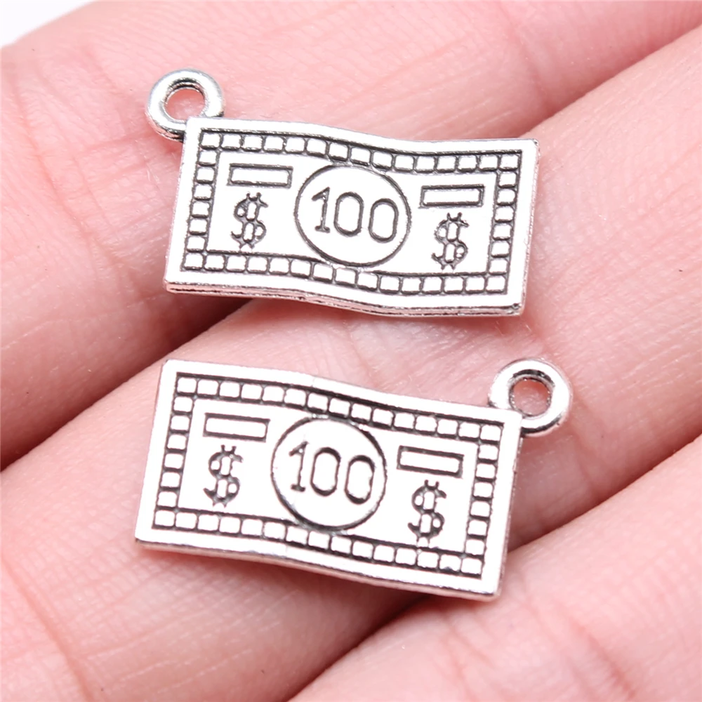 WYSIWYG 20pcs Charms 100 Dollars Money 10x19mm Antique Silver Color Pendants Making DIY Handmade Jewelry Factory Wholesale