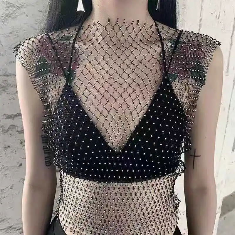 Summer Women Hollow Out Crystal Diamond See Through Crop Tops Beachwear Tops Shiny Sexy Fashion Party Club Top