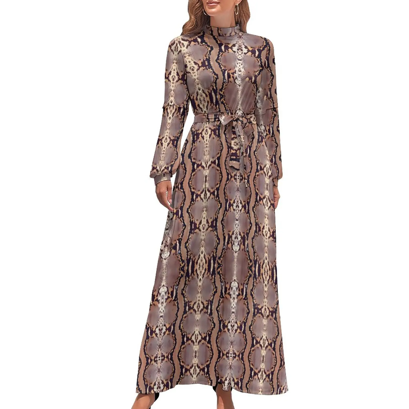 Retro Snakeskin Dress Animal Print Sexy Design Maxi Dress High Waist Long Sleeve Aesthetic Bohemia Long Dresses