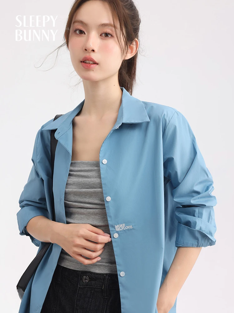 Women's Long Sleeve Blue Shirt Casual Loose Fit Spring Lightweight Button Down Top Layering Jacket Relaxed Fit Office Outerwear