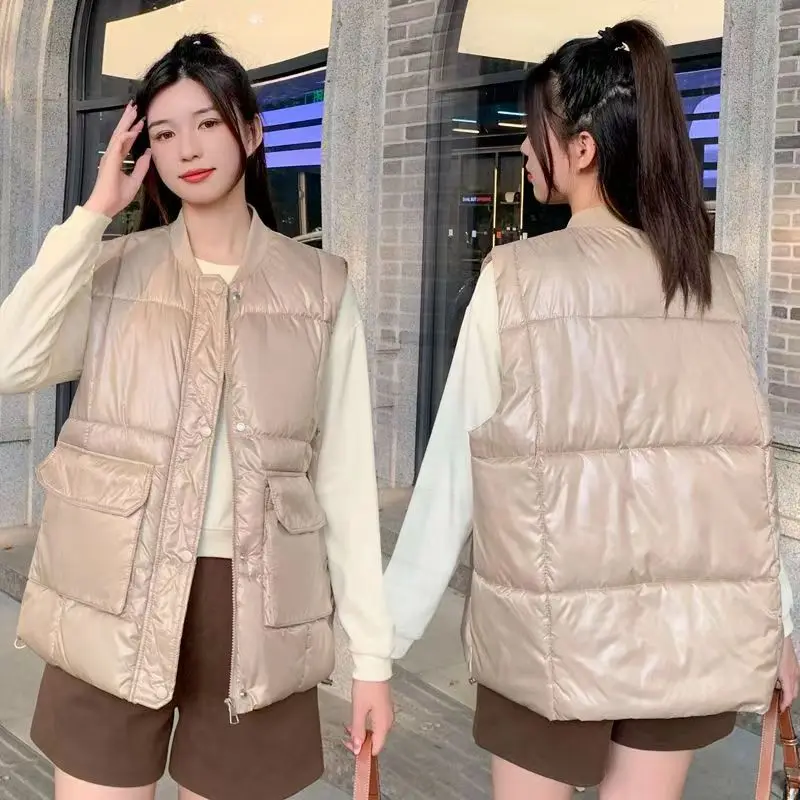 

2023 New Autumn Winter Women Cotton Vest Jacket Solid Color Large Pocket Sleeveless Jacket Waistcoat For Female Casual Tops Coat