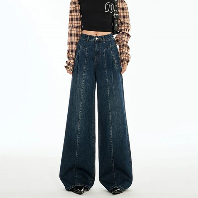 FINEWORDS กางเกงยีนส์สีน้ำเงินเข้มสไตล์เกาหลีลำลองสไตล์วินเทจผู้หญิงหลวมกางเกงยีนส์ขากว้างยาวเต็มตัว Easymatch กางเกงยีนส์ทรงหลวม