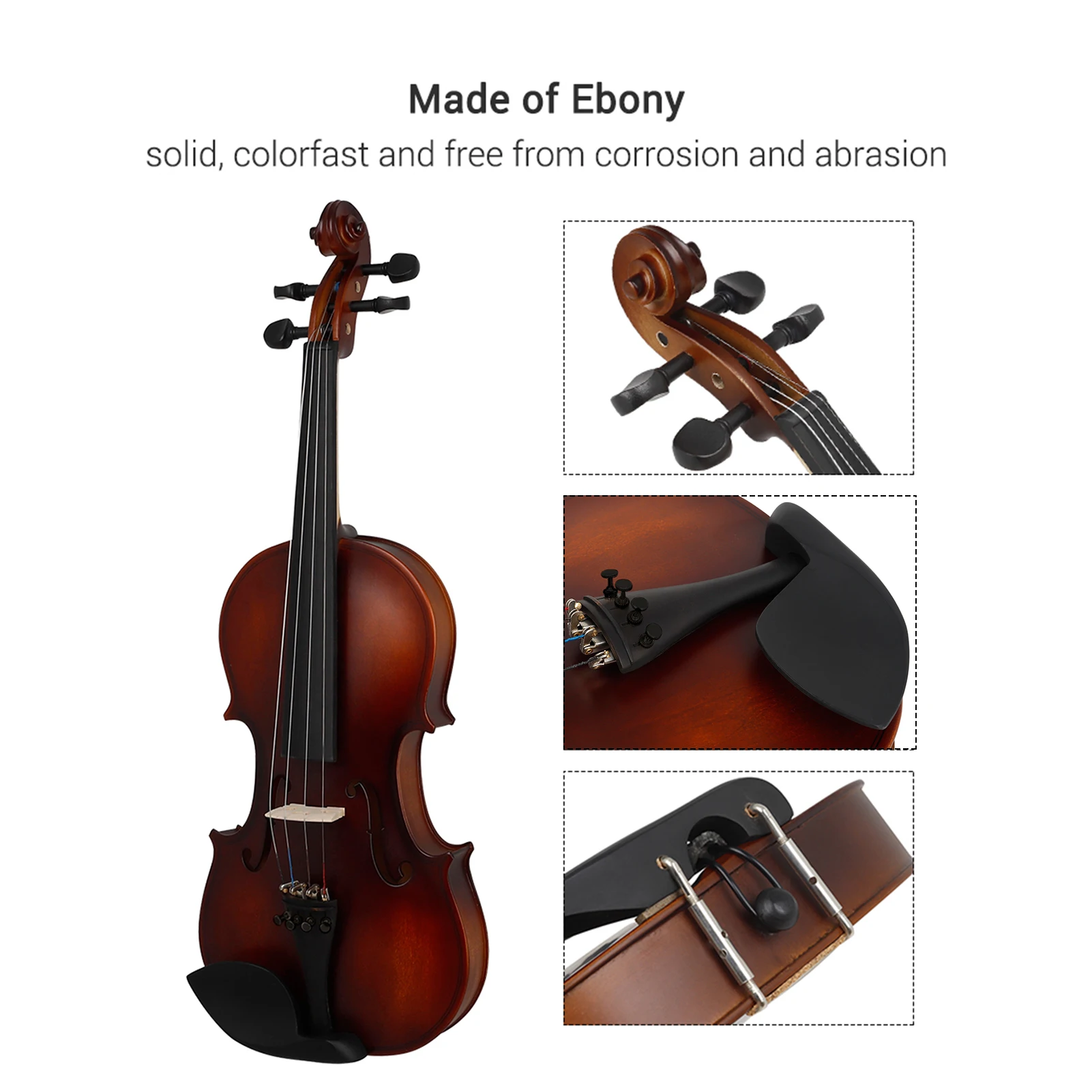 4/4 Violin Basswood Body Head Ebony Fingerboard Pegs Chin Rest Tailpiece for Beginners Student Performer