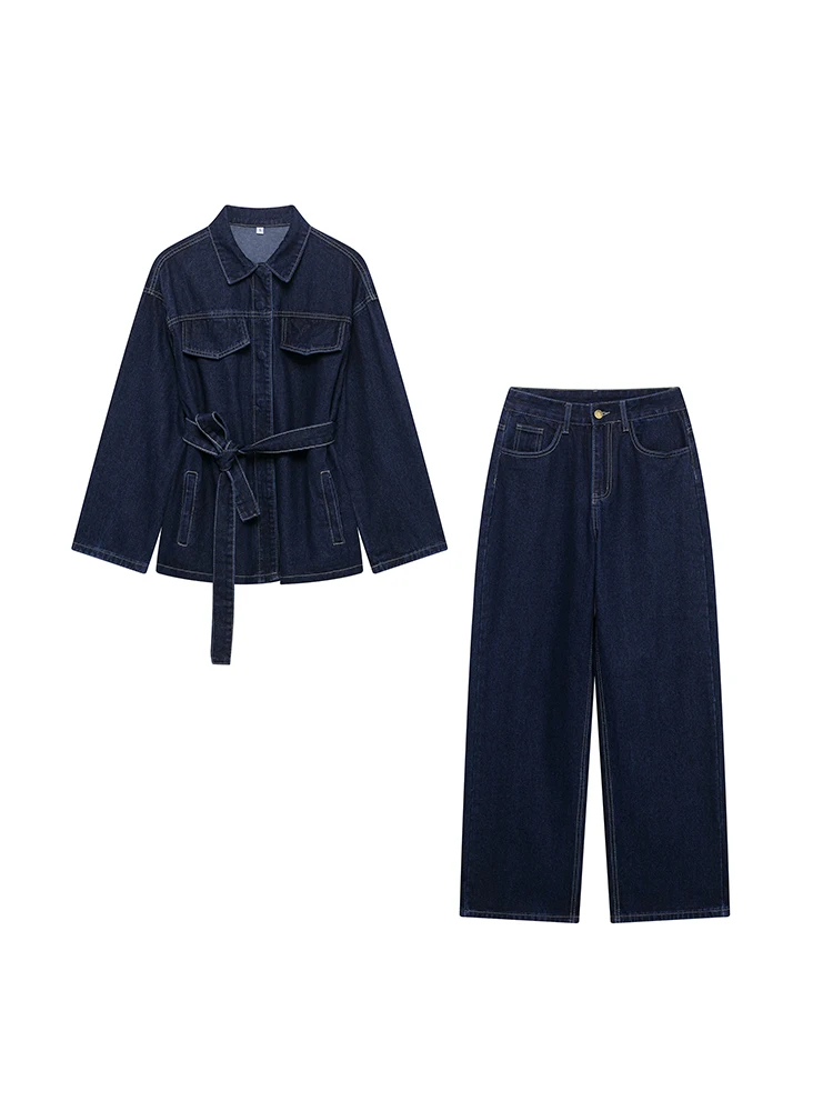 

KUCLUT Женский модный комплект из 2 предметов с поясом Джинсовые однотонные куртки и винтажные брюки на молнии спереди Женские шикарные женские брюки Комплекты