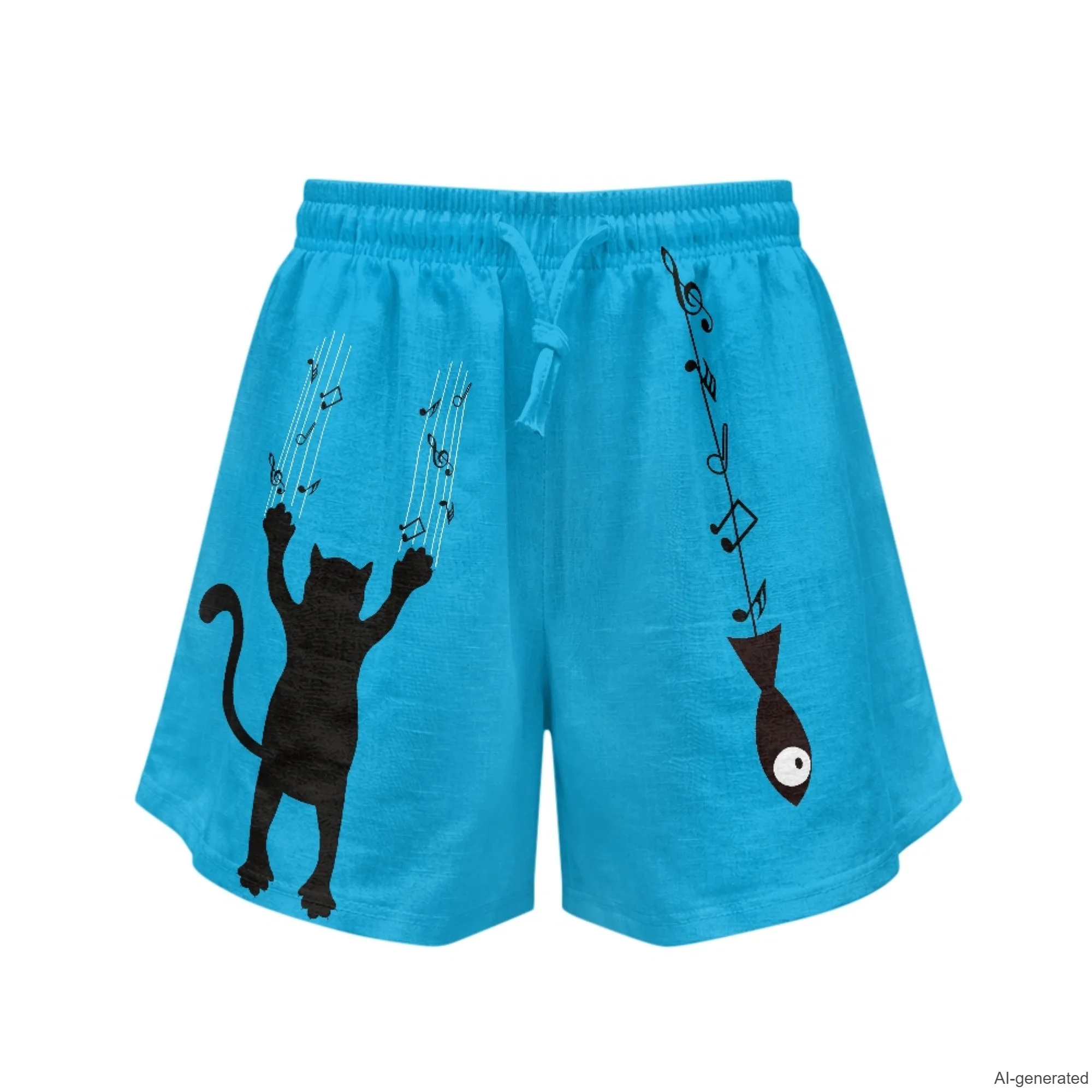 XIXIRIMIDO Summer Women's Linen Shorts High Waisted Pants Cute Cat Print Wide-legged Drawstring with Pockets Versatile Shorts