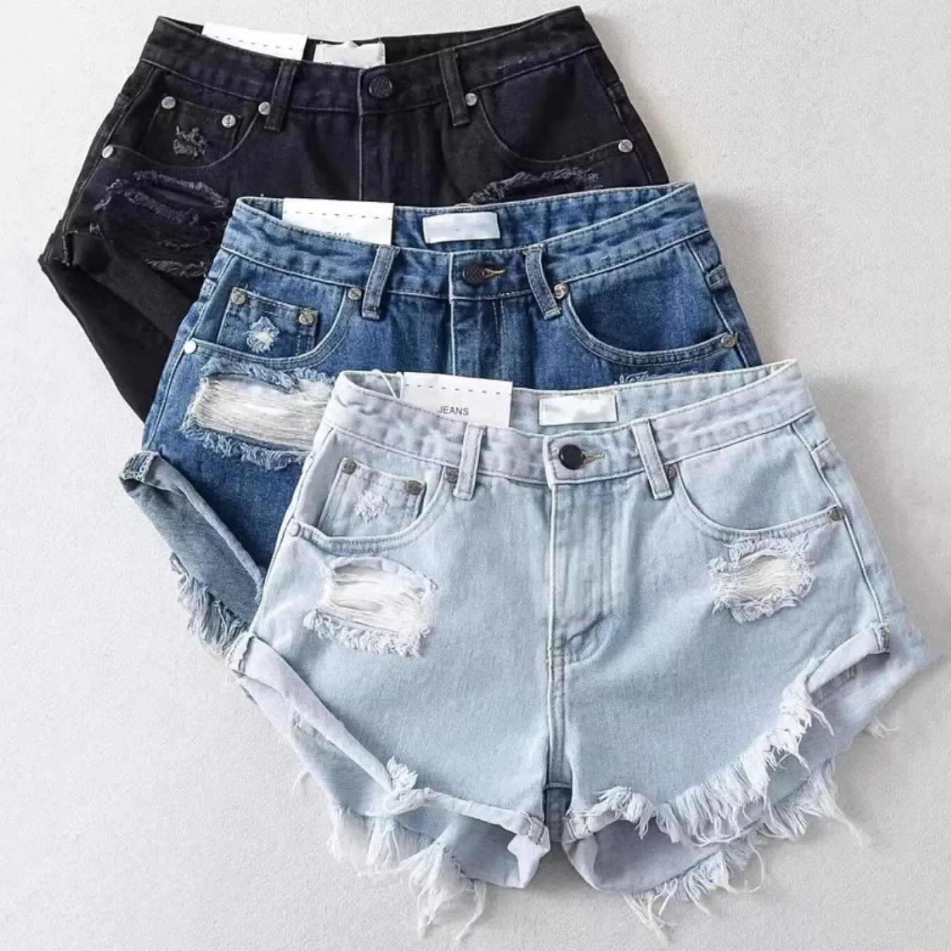 

Summer Women's Ripped Denim Shorts American New Casual Fashion Slim Solid Color Spicy Girl High Waist Fringed Hot Pants