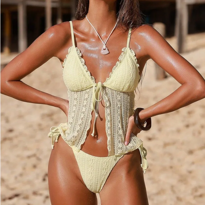 

New Lace Double-layer Fabric Bikini Two-piece Swimsuit Women's Low Waist Sexy Fashionable Multi Style Solid Color Strap Swimsuit