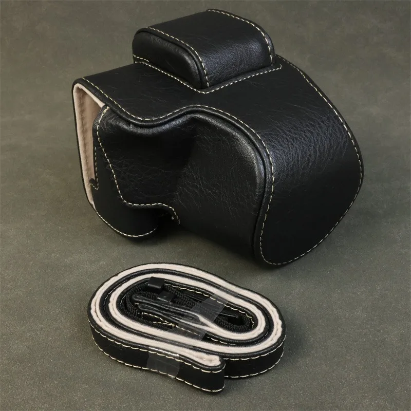 For Canon EOS R50 Camera (Lens 18-45mm) PU Leather Protective Case with Bottom Base Cover Shoulder Strap for EOS R50 Accessories