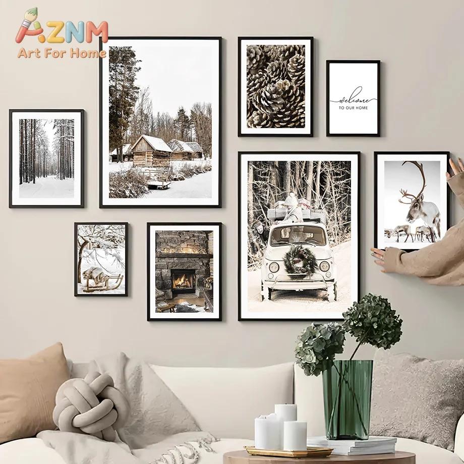 Christmas Gift Van Deer Pine Flower Snow Nordic Posters Minimalist Print Canvas Painting Wall Art for Living Room Home Decor