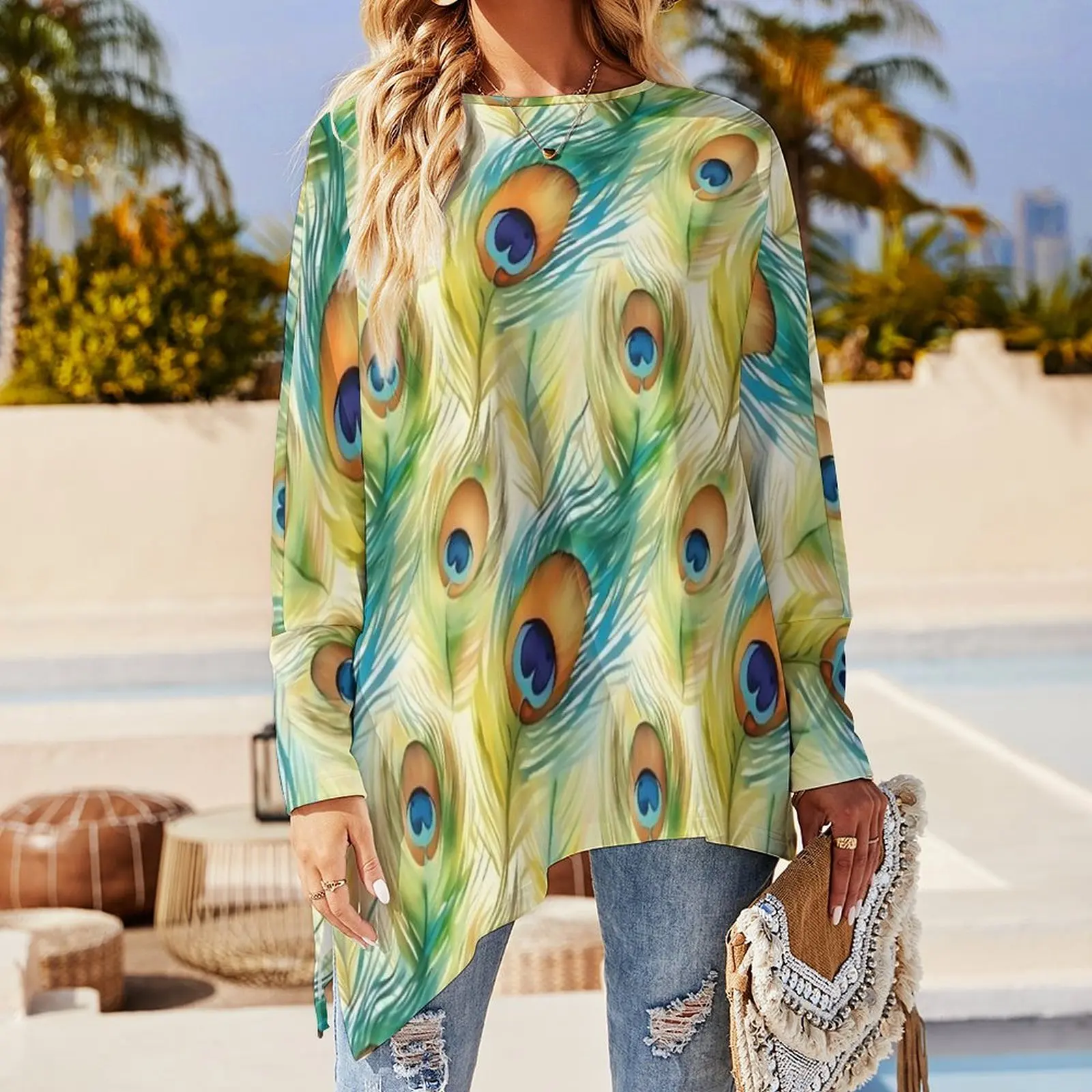 Watercolor Peacock Feathers T Shirts  Street Fashion Long Sleeve T-Shirt Cute Custom Tees Female Clothing Big Size 5XL 6XL