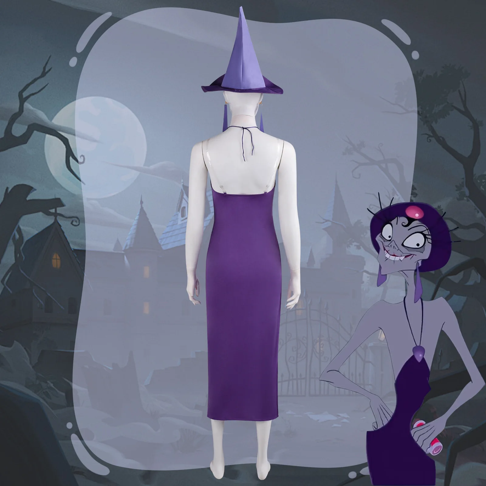 The Emperor's New Groove Evil Priestess Cosplay Costume Purple Dress Hat Necklace Halloween Witch Outfit Role Play Clothing
