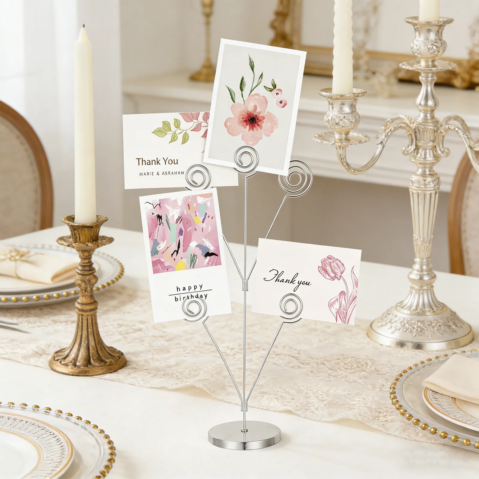 

Desktop Memo Holder Clip with 5 Branch Tree Design Round Base Metal Photo Stand for Office Desk Wedding Place Card Holder Decor