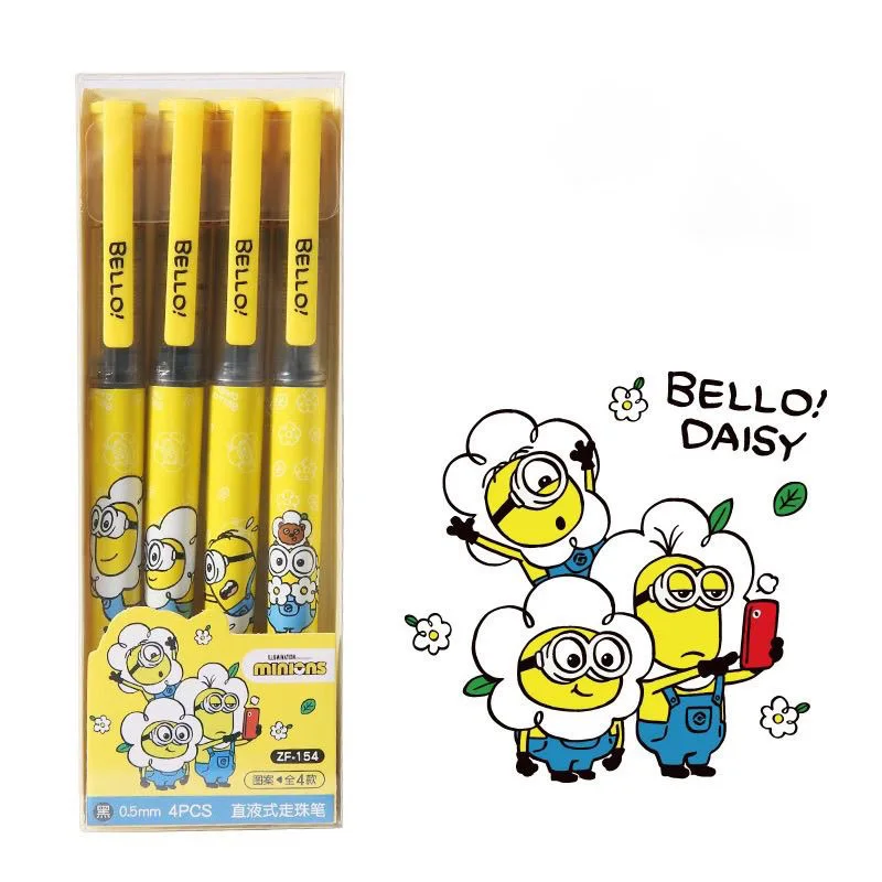 4pcs Minions Ball Pen Despicable Me Cute Cartoon Quick-drying Gel Pen Needle Type Straight Liquid Ballpoint School Stationery