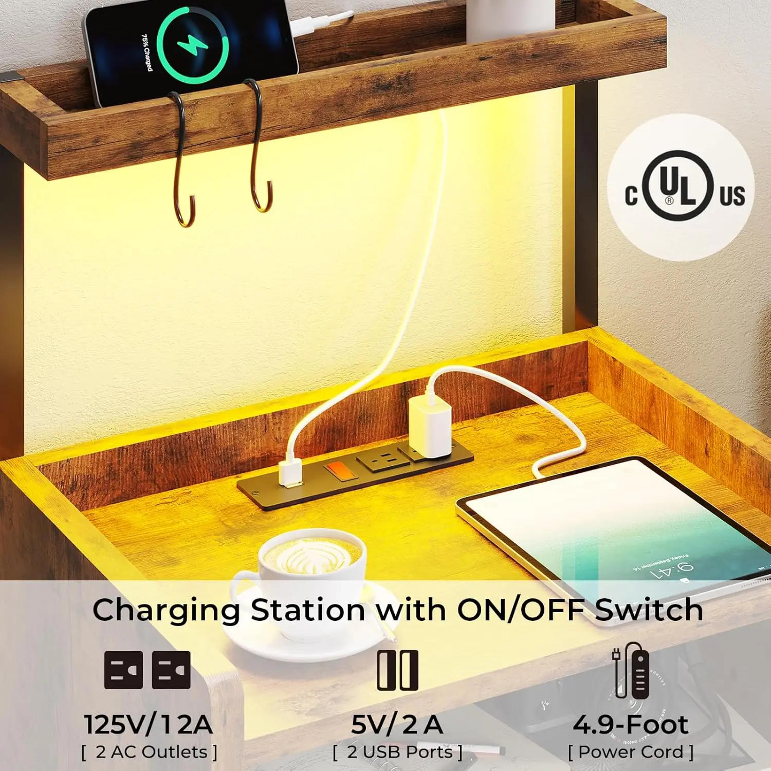 Rustic Brown Nightstands Set Of 2 With Charging Station And Led Lights, Led Night Stand Set 2 With Drawer, Rustic End Side