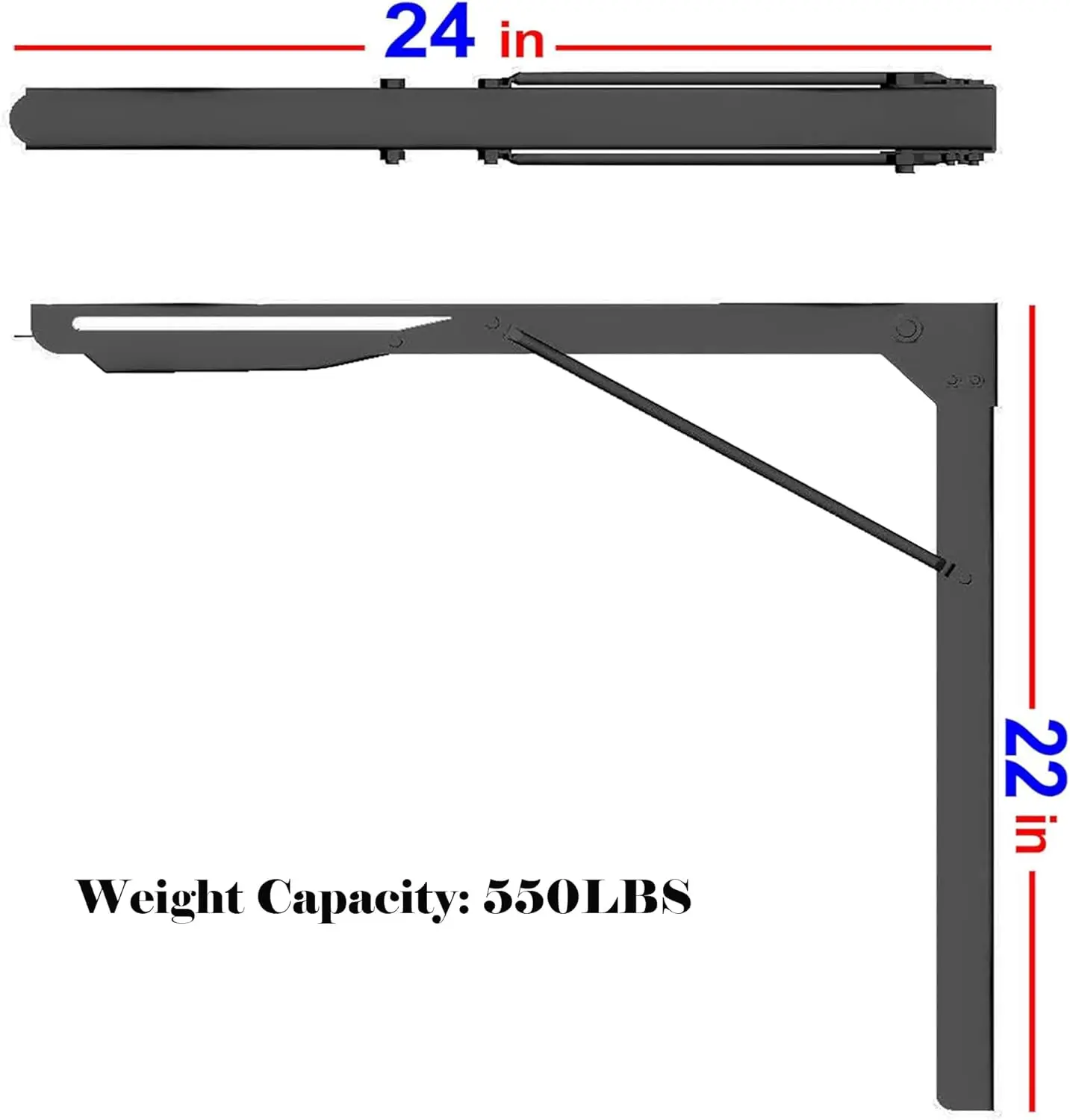 24 inch Black Sturdy Folding Shelf Brackets, Heavy Duty Adjustable Steel Wall Mounted Collapsible Shelf Bracket, Max Load 550lb