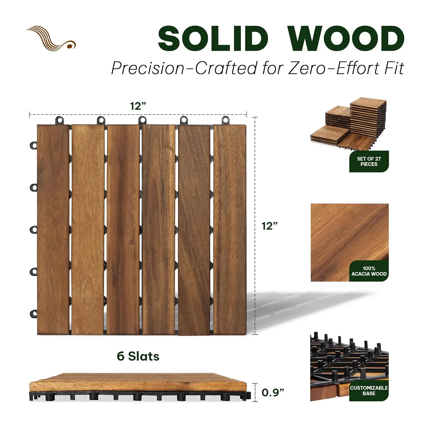 Acacia Interlocking Deck Tiles, 27 PCS Wood Flooring, 6 Slats, Honey Oak, Customized