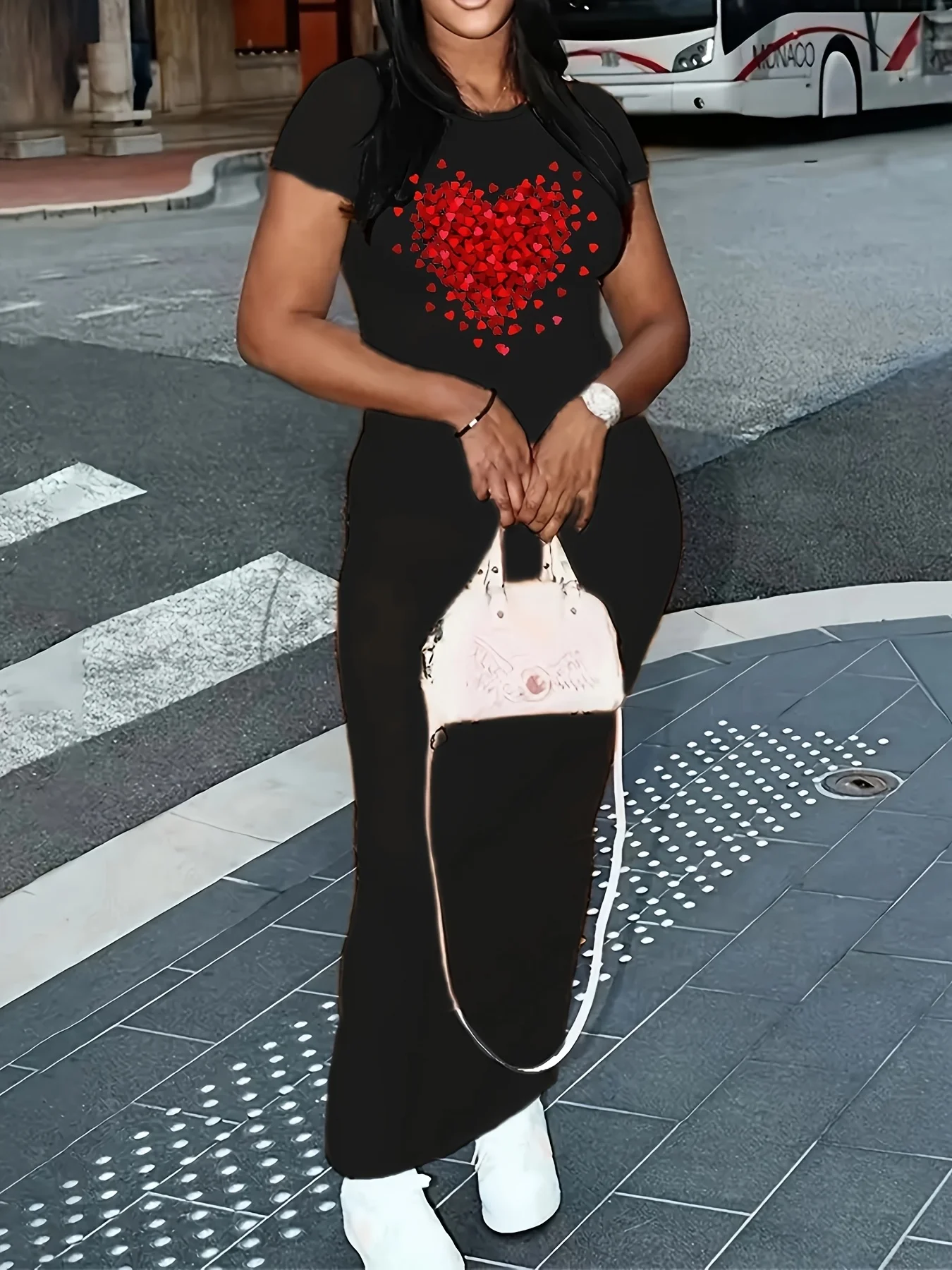 Summer women's slim fit elastic black and white round neck short sleeved T-shirt dress long dress women's clothing