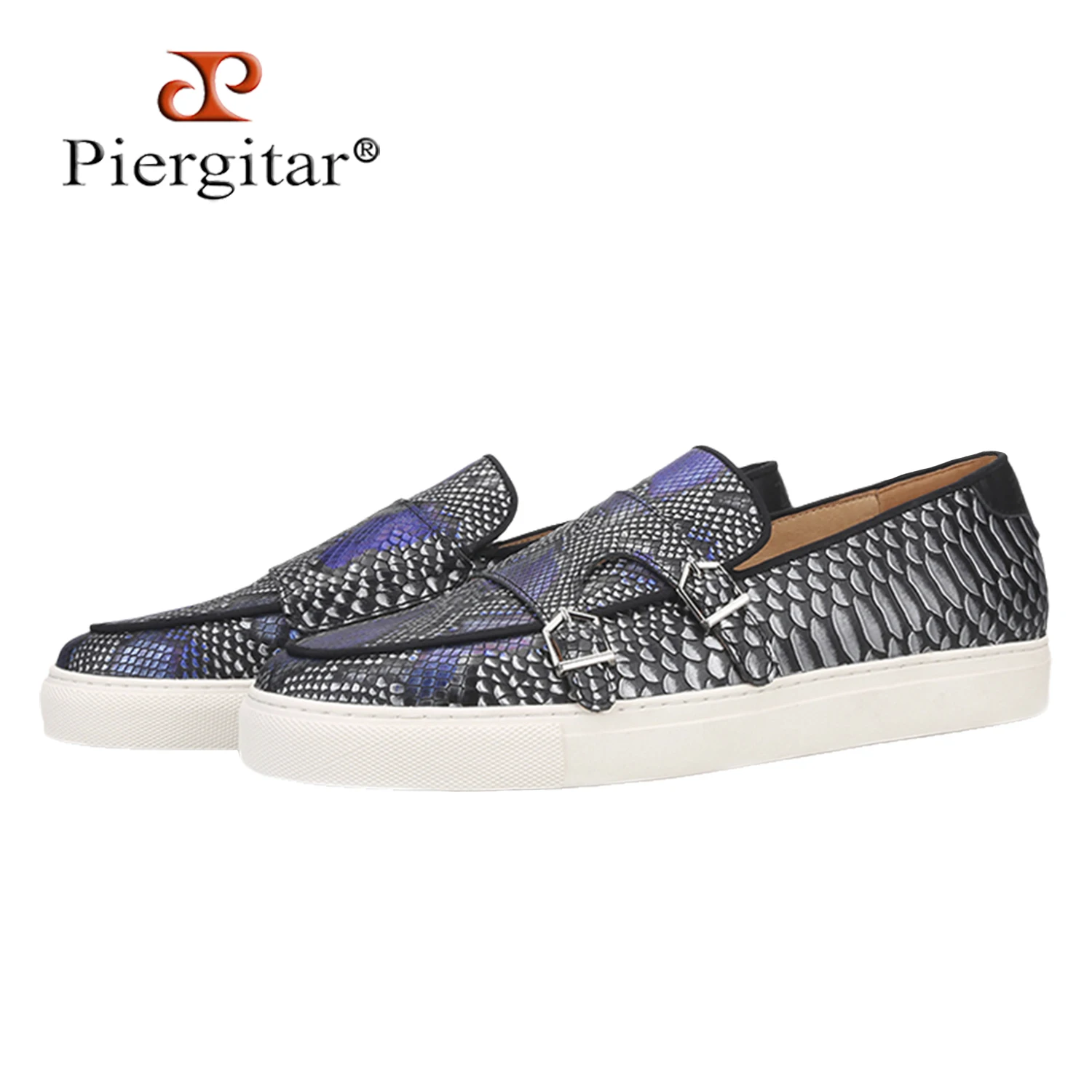 Piergitar Snake Print Leather Leisure Sneakers Handcrafted Sporty Style Men's Monk Shoes With White Height Increasing Outsole