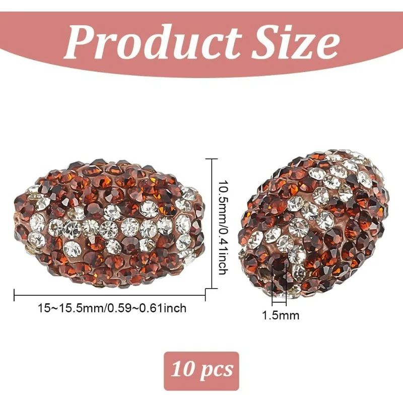 10 Pcs 15x10mm Oval Rhinestone Clay Beads Rugby Rhinestone Beads Brown Clay Pave Disco Ball Diamond Clay Beads for Necklace