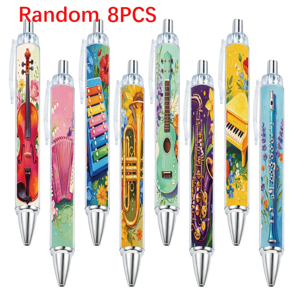 8Pcs Floral Musical Instrument Themed Retractable Ballpoint Pens, Holiday Gift Pens with Random Designs