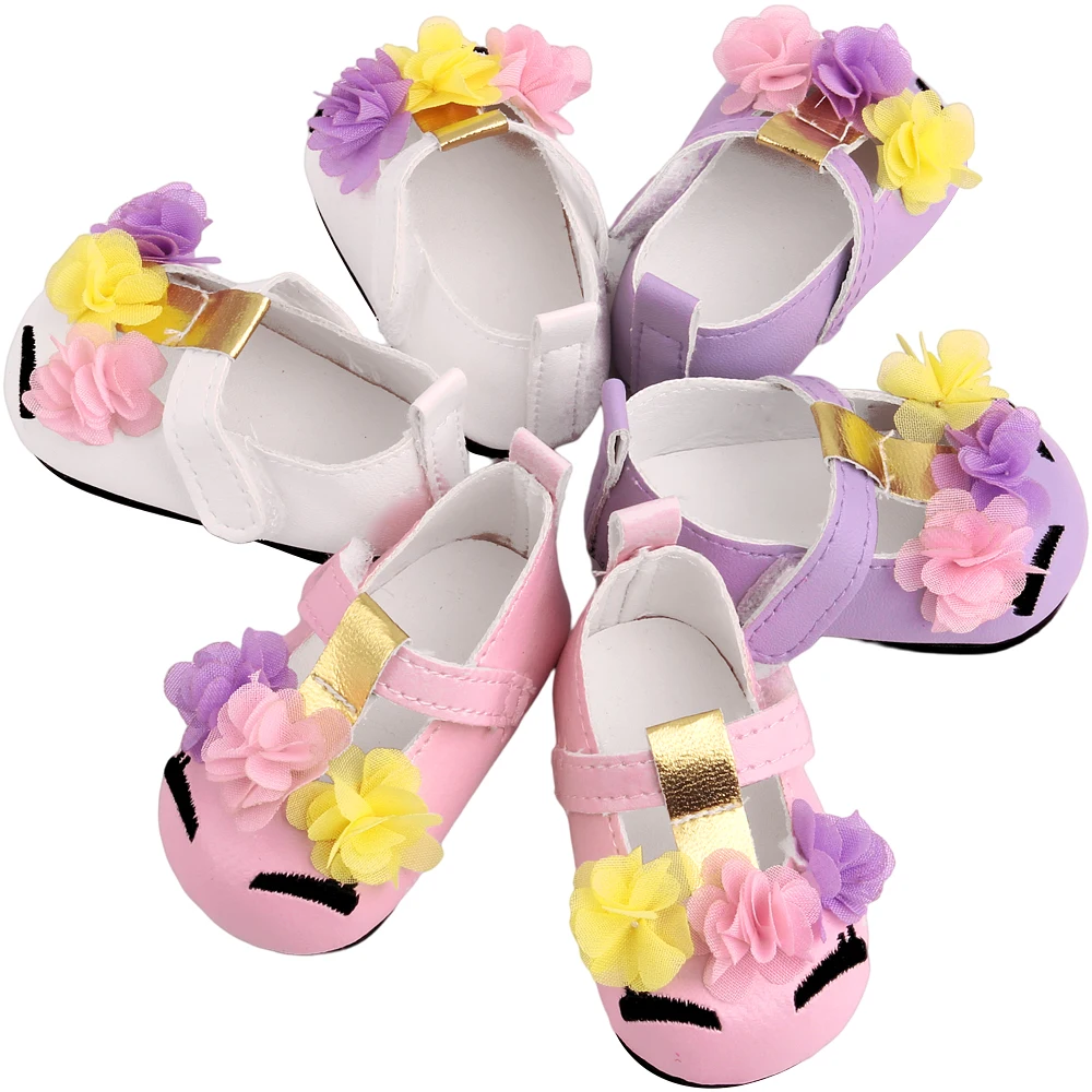 18 Inch Doll Girl with Three Small Flowers, Fashionable and Cute Color Blocked Shoes, Doll Clothing, Matching Doll Accessories
