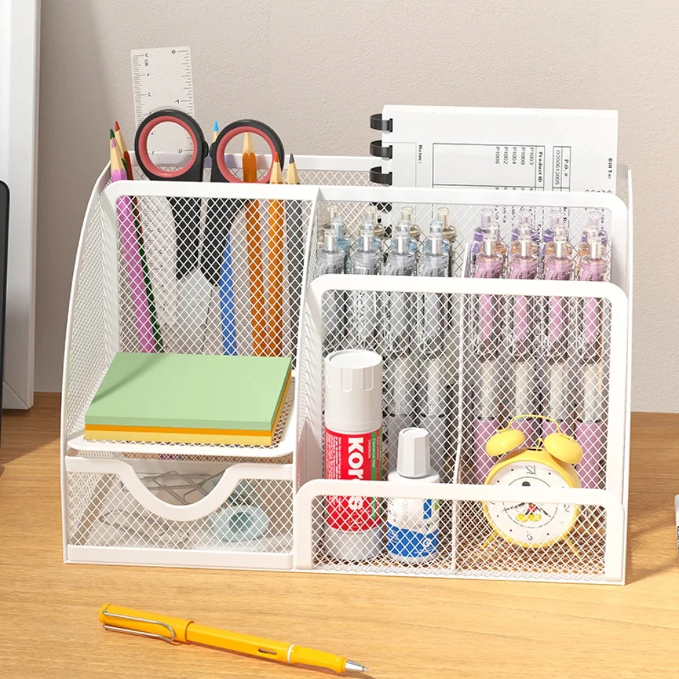 Mesh Pen Holder and Organizer Office Supplies with 7 Compartments, Desktop Organizer with Drawer, Metal Pen Holder for Desk