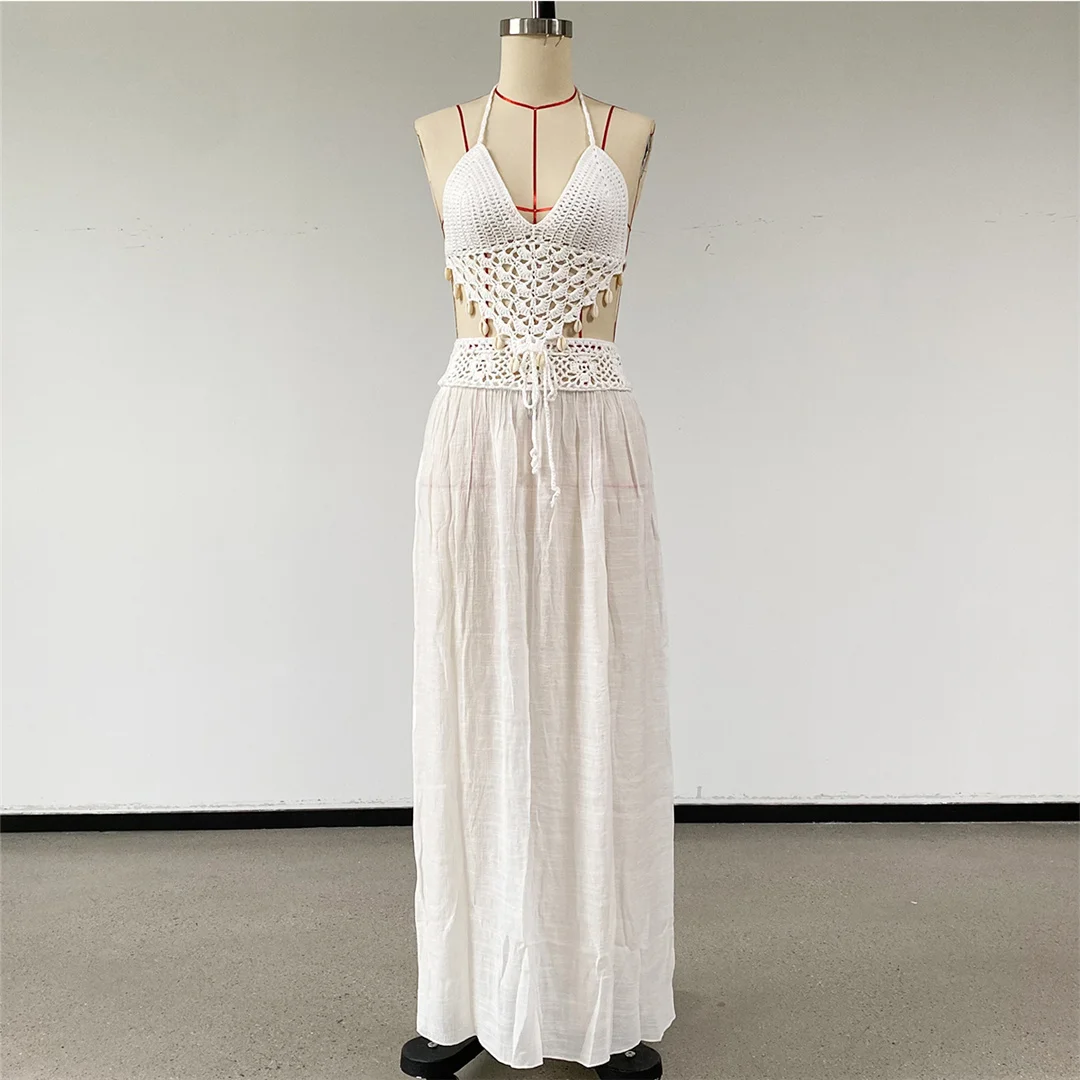 Quasten-Neckholder, gehäkelt, gestrickt, zweiteiliger Anzug, Tunika, Strand-Cover-up, Strandkleid, Strandmode, Damen, V8429 – Detail 9