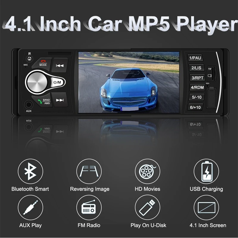 

1 DIN 4,1 дюймовый TFT HD экран Автомобильный MP5-плеер Bluetooth FM реверсивное видео WIN-CE