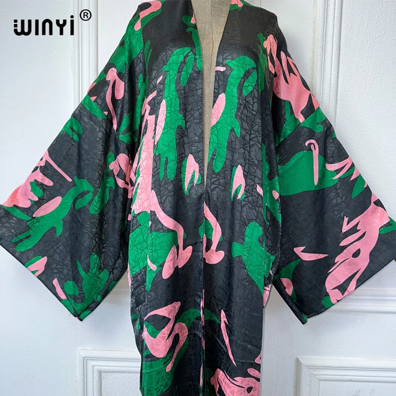 WINYI 2024 High-quality Double-sided Print Silk feel Dress Beach Wear Boho Cardigan abaya women muslim dress Long Sleeve Kimono