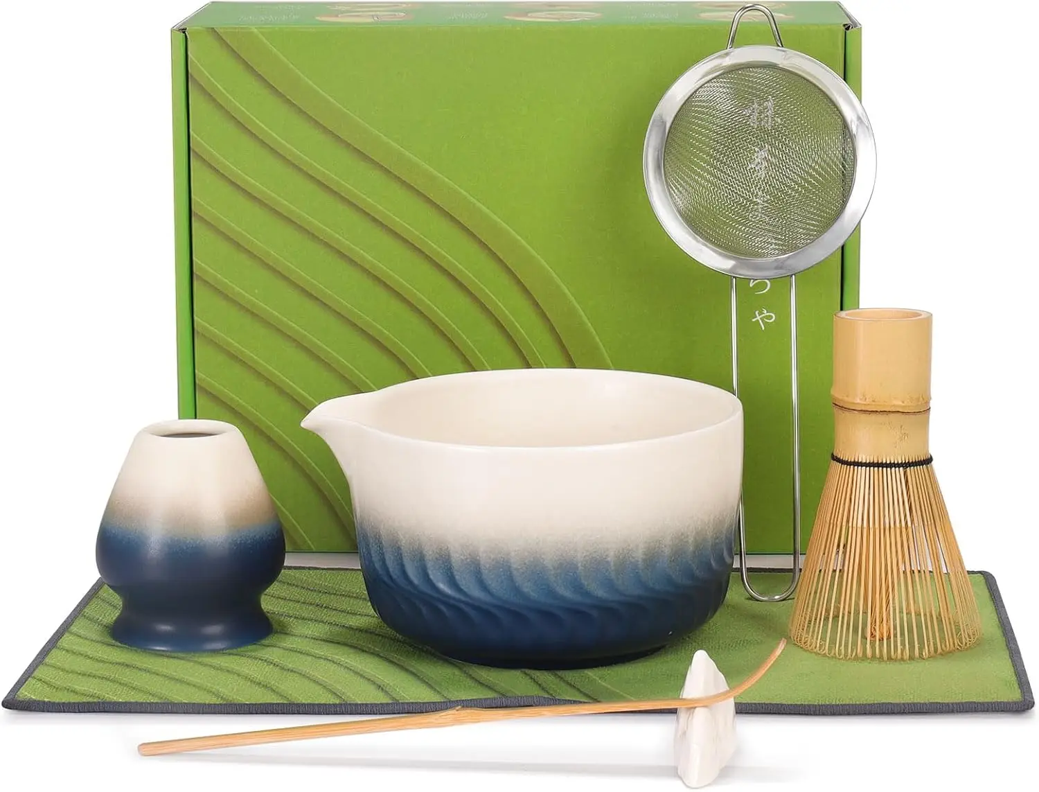 7-teiliges Keramik-Matcha-Set, japanisches Matcha-Tee-Set mit Matcha-Schale, Bambusbesen, Besenhalter, Schaufel, Schaufelablage, Sieb und Teetuch, Matcha-Kit für Anfänger und Teeliebhaber
