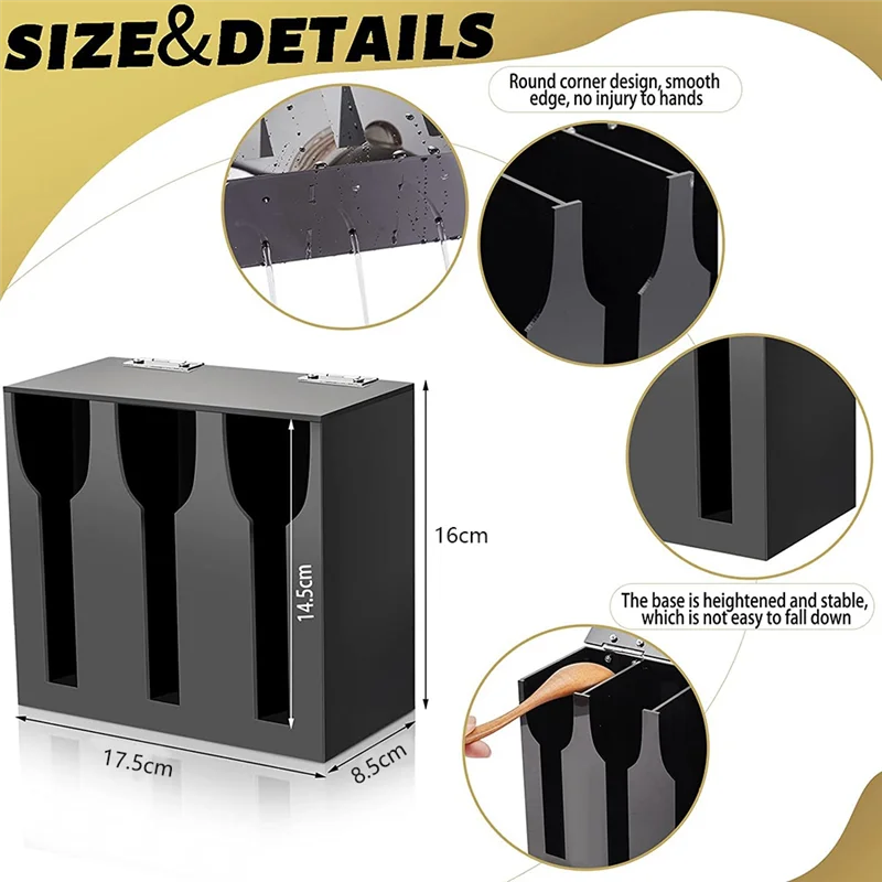 

A15F-Acrylic Utensil Dispenser Cutlery Organizer With 3 Compartment Black Silverware Holder Plastic Flatware