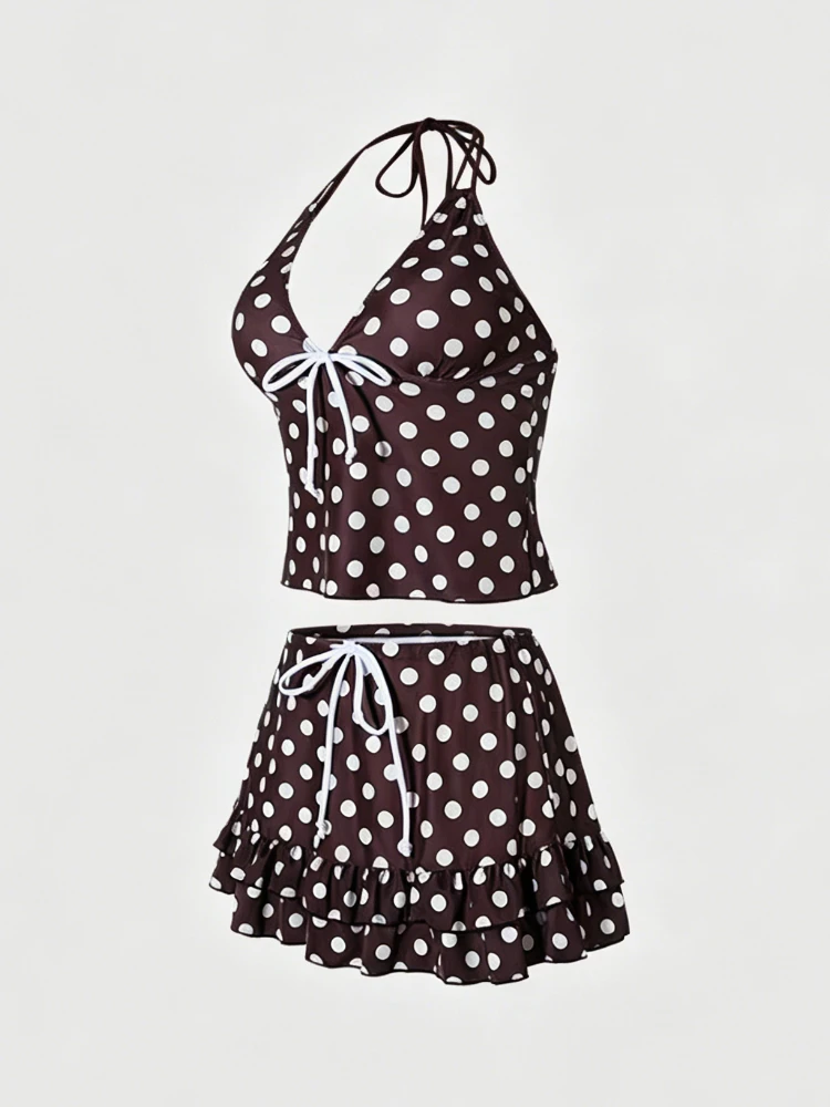 Bikini Two Piece Set Women Summer Beach Polka Dot Halter V Neck Tie Waist Bodycon Pool Party Bathing Suit Swimwear Outfit
