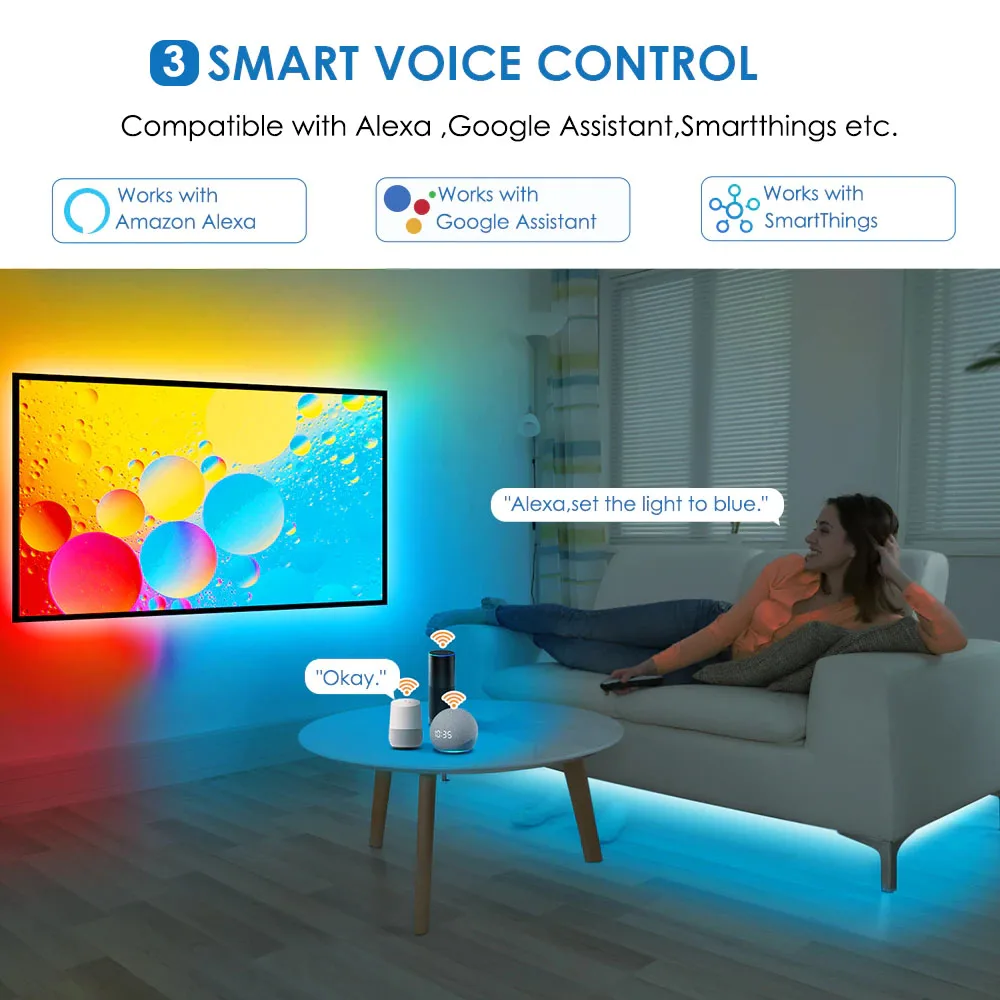 Imagem -05 - Tiras de Luz Led Inteligentes com Caixa de Sincronização Hdmi Fita Rgb Iluminação Wi-fi Aplicativo Smart Life Trabalhar com Alexa e Google Tuya Rgbcw 5050 10m 5m