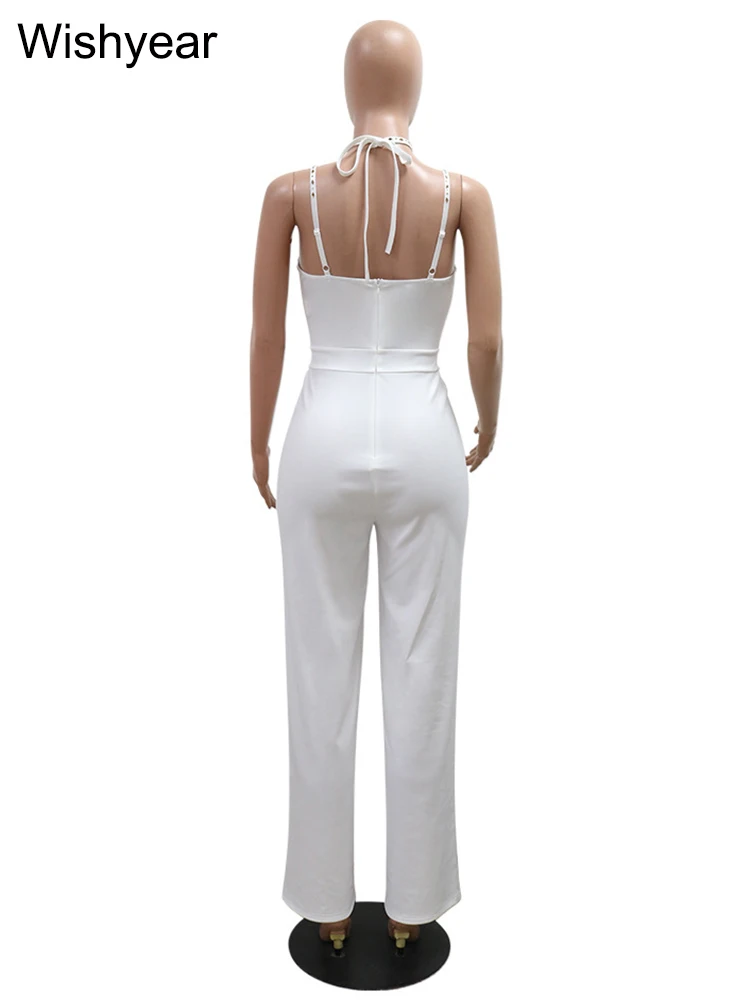 New Hot Women Luxury Rhinestones Strap Wide Leg Pants White Long Jumpsuit Sexy Wedding Party Birthday One Pieces Romper Outfits