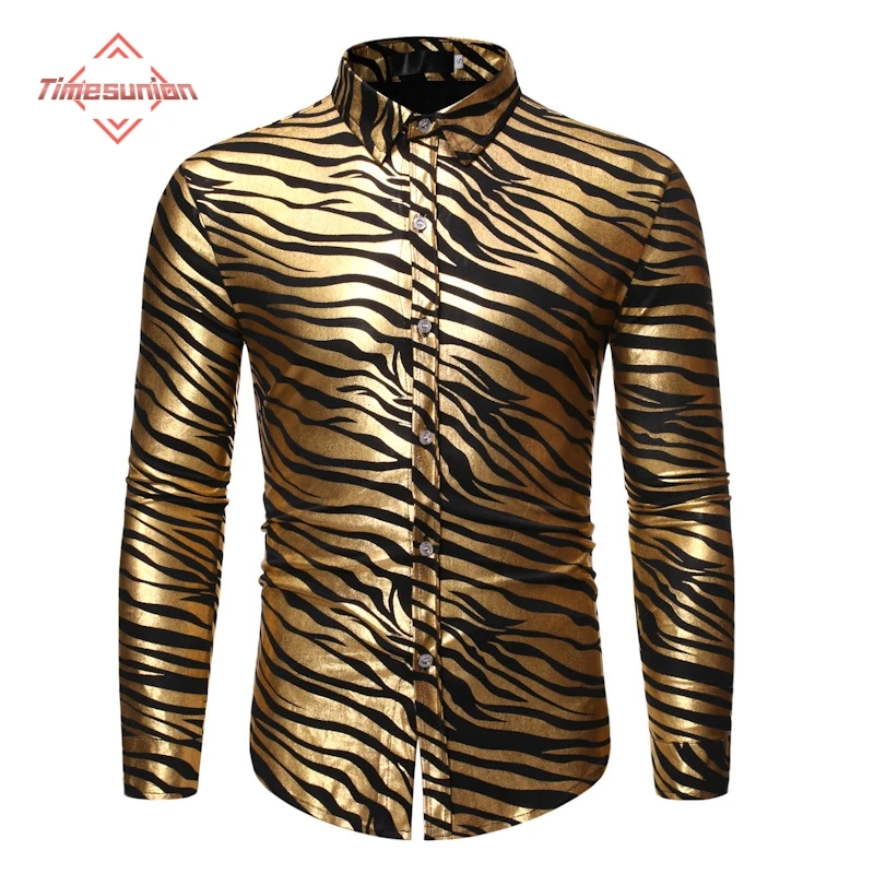 

Metallic Gold Zebra Print Disco Shirt 2024 Brand New Slim Fit Long Sleeve Mens Dress Shirts Party Prom Stage Chemise