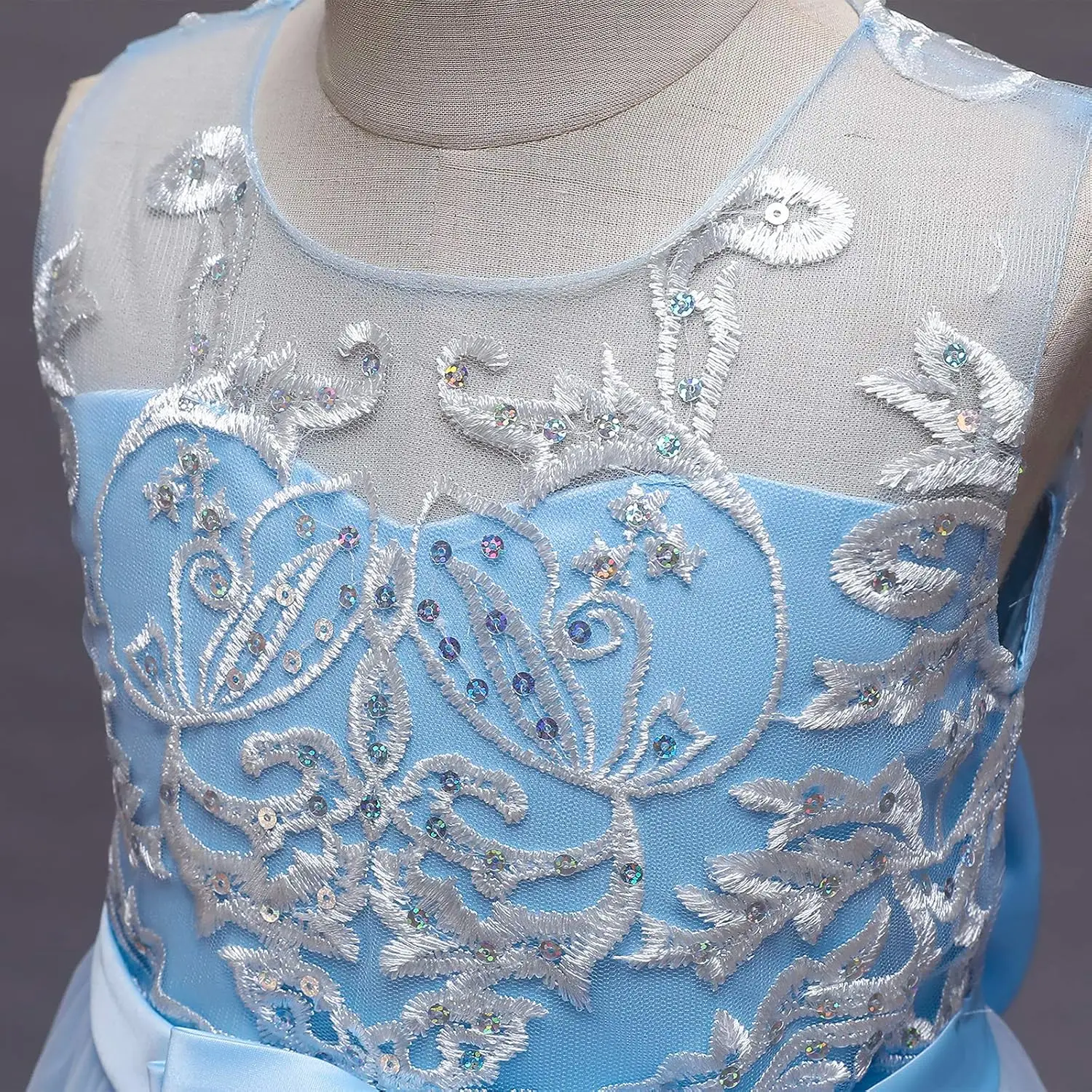 Sukienka dla dziewczynki z niebieską koronką na plecach, dużą kokardą i kwiatami, na przyjęcie urodzinowe, taniec, wieczór z okazji ukończenia szkoły, komunię, elegancka sukienka wizytowa.