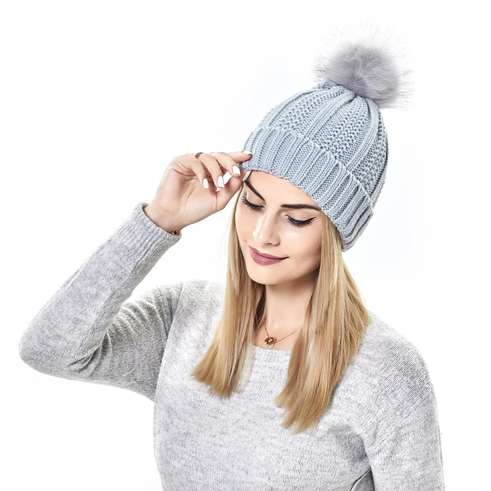 Elastic Hair Protection Knit Hat With Fur Ball Comfy Breathable Themal Hats For Cold Weather