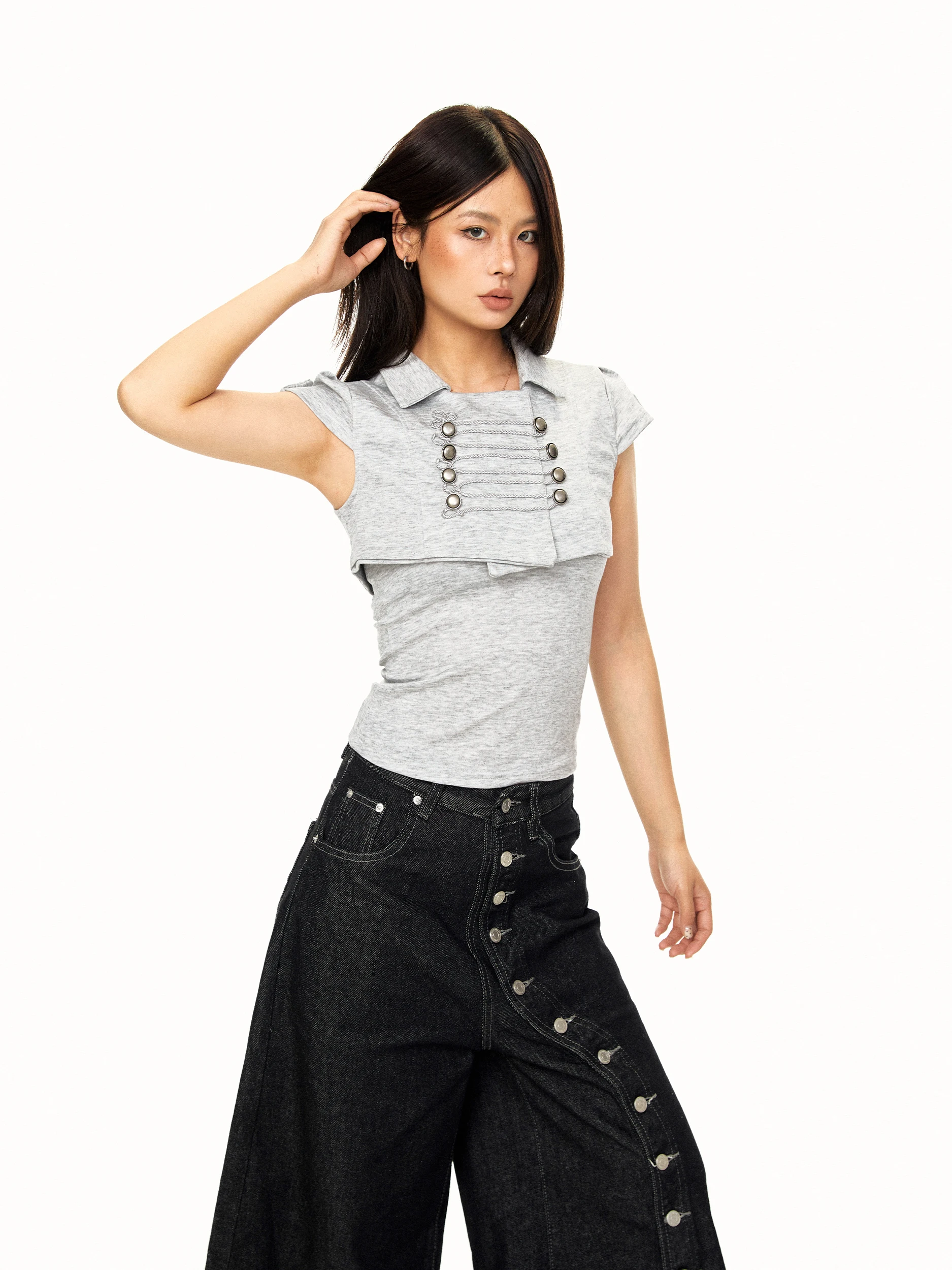 Retro Knight Style Double-Breasted Strap Collar Two-Piece Set Summer Short Jacket Strap Vest Women's Trendy Vintage Wind Clot...
