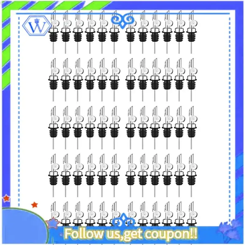 

A55P-60Pc Weighted Stainless Steel Liquor Bottle Pourers Auto Flip Olive Oil Dispenser Spout Balsamic Alcohol Pourer (Silver)