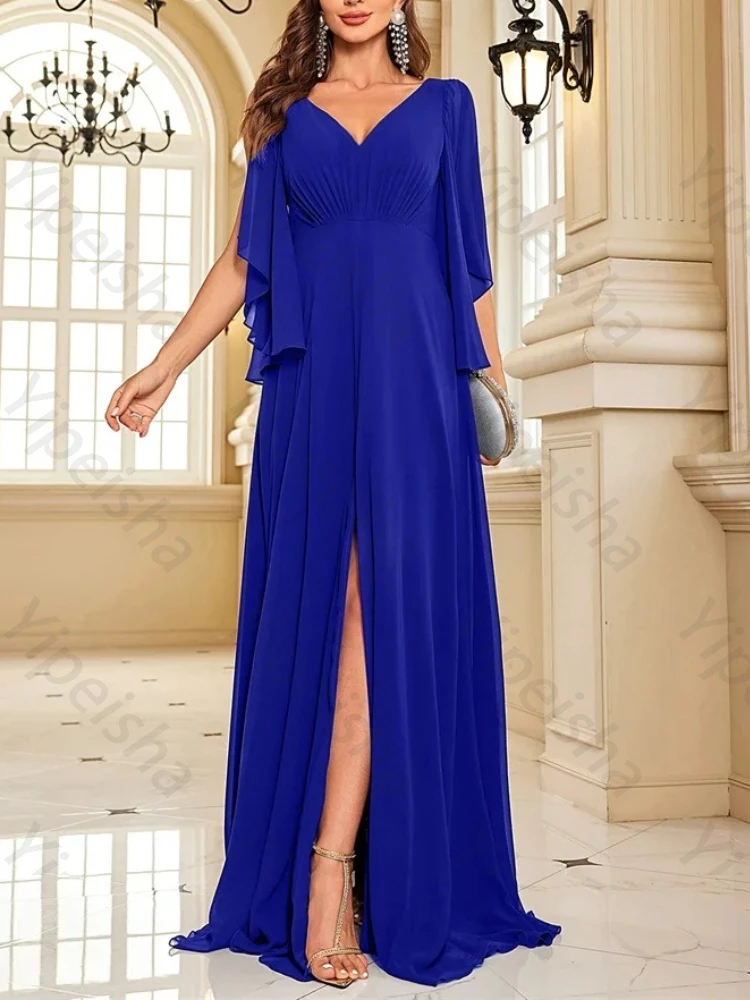 

Customized Chiffon V-Neck Batwing Sleeves Evening Dresses Sexy Backless Side Slit Dress Exquisite High Quality Prom Party Gowns