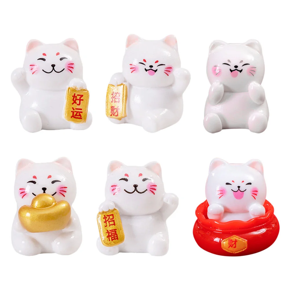 6 Pcs Lucky Cat Ornament Japanese Home Decor Mini Cake Figure Feng Shui Household