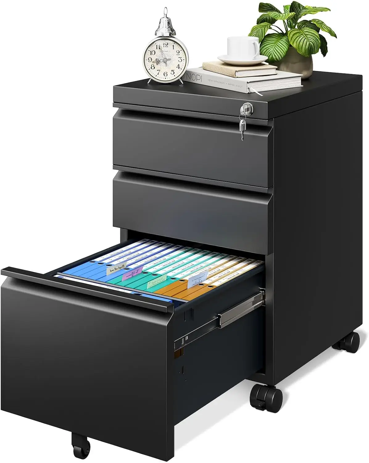 File Cabinet for Home Office, Fully Assembled Filing Cabinet 3 Drawer Rolling File Cabinets with Lock, Small Mobile File Storage